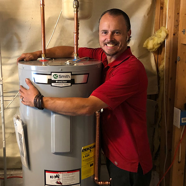 man hugging hybrid water heater